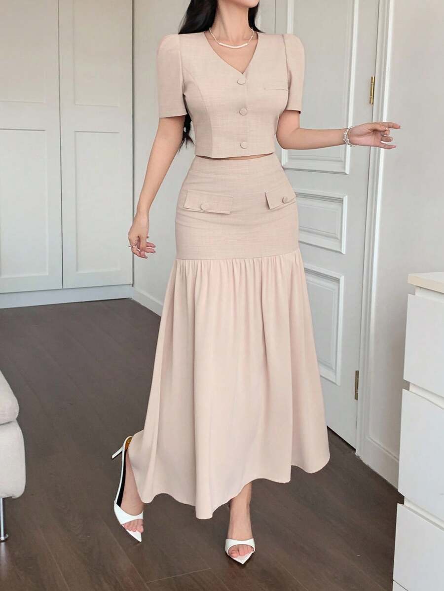 DAZY Women's Summer Solid Color Single-Breasted Puff Sleeve Shirt And Skirt 2 Pieces Elegant Set - Apricot - View 1