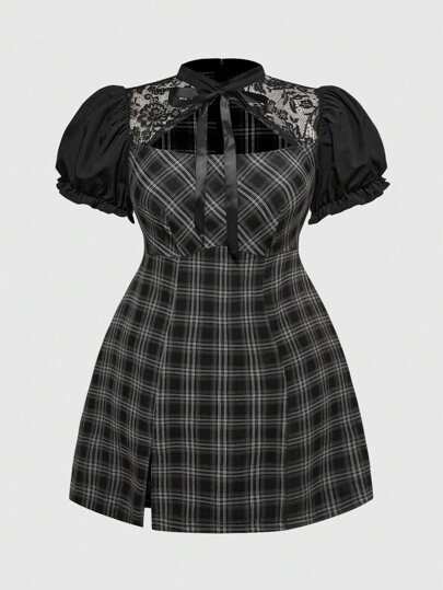 Goth فستان صيفي قصير بتصميم الكشكشة والمربعات للمقاسات الكبيرة