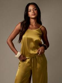 MISSGUIDED Bộ đồ ngủ ống rộng bằng vải satin sang trọng Palazzo Áo hai dây có thể điều chỉnh Quần cạp chun Quần mặc đi nghỉ dưỡng buổi tối phối đồ Giáng sinh - màu xanh lá - Xem 3