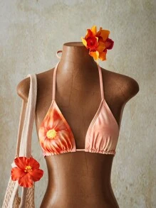 SHEIN ICON Conjunto de bikini de mujer con estampado floral de albaricoque, con detalle de atar en el cuello - Multicolor - Ver 5