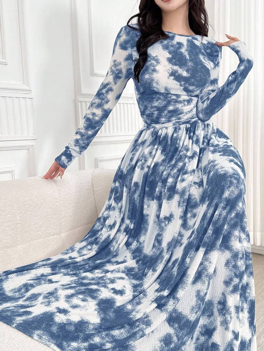 Feyla 女士扎染印花圆领长袖褶皱连衣裙，优雅 - 藍色 - 查看 1