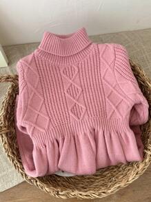 SHEIN Vestido suéter talla grande de cuello alto rosa lindo para bebé, otoño/invierno - Rosa vieja - Ver 4