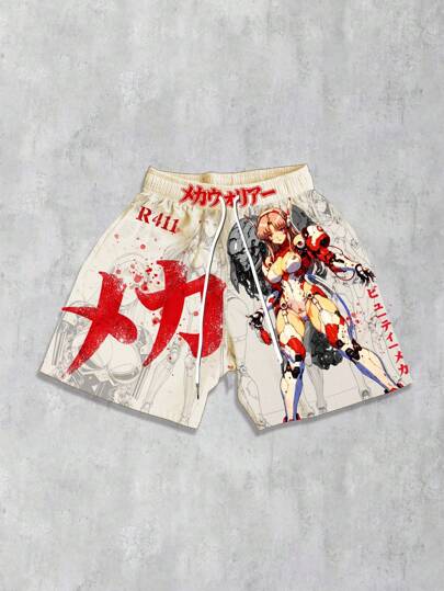 Anime Men Street Japan Style Graffiti Print Shorts