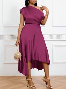 SHEIN Tall CURVE 加大码不对称下摆缎面收腰礼服，优雅晚礼服 - 中紫紅色 - 查看 4