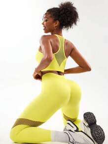 SHEIN Sports Bộ 2 món áo không tay và quần thể thao, trang phục cơ bản thiết kế lưới thoáng khí và thấm hút mồ hôi, bộ đồ tập luyện màu vàng cho nữ - Màu vàng - Xem 1