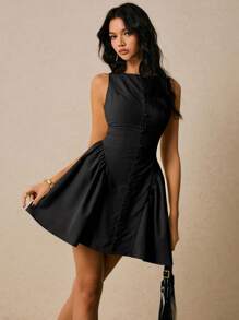 Poéselle Women's Summer Elegant Solid Color Backless Mini Dress - Black - View 4