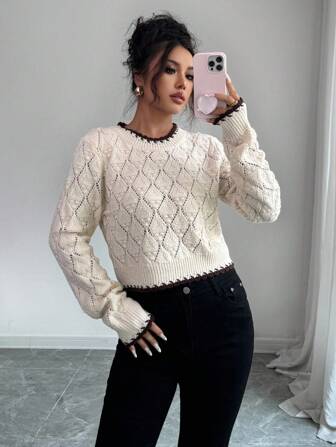 Rafferiza 女式简约长袖套头衫，撞色滚边针织套头衫，秋冬款