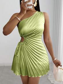 Slaydiva Nuovo abito mini da spiaggia elegante per vacanze estive, senza maniche, con spalla scoperta, con laccetti, effetto plissettato e scollo traforato