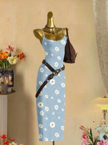 SHEIN EZwear 休闲简约蓝色机械纹理白色雏菊全身印花紧身吊带裙，适合夏季度假 - 彩色 - 查看 6