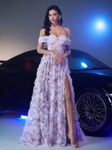 Glamrae Elegante vestido largo con estampado floral 3D de tul multicolor romántico, hombros descubiertos y abertura alta en la falda, con capa de tul vaporoso y silueta de línea A para eventos de noche