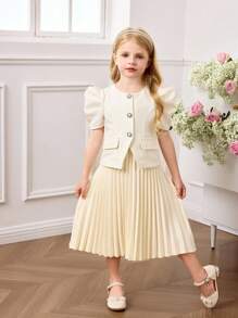 Young Girl Elegant Urban Pleated Short Sleeve Dress, Apricot Color - Apricot - View 4