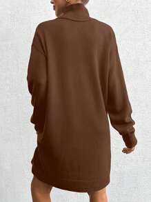 EURMUSE Turtleneck Drop Shoulder Sweater Dress (Belt Not Included) - Brown - View 2