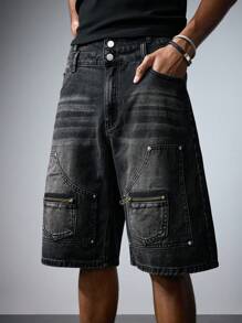 ROMWE MEN Street Life Summer Men's Wide Leg Loose Casual 5-Point Denim Cargo Shorts - Black - View 7
