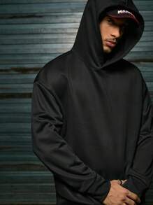 AXEPEAK 秋冬款男士超大号标语图案长袖休闲连帽衫 - 黑色 - 查看 5