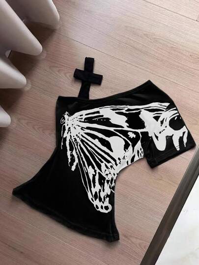 INAWLY 여성용 캐주얼 섹시한 비대칭 목 프린트 티셔츠