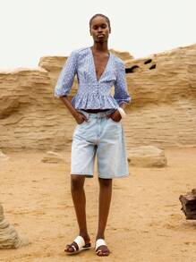 Lumivelle Women's Plaid V-Neck Shirt With Floral Embroidery & Ruffle Hem - Blue - View 6