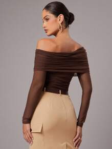 Silquee Women's Plain Coffee Brown Pleated Off Shoulder Long Sleeve Stretch Mesh Slim Fit Fashion Shirt Women's Tops For Back To School, Date Night, Girls Party, Birthday Party, Night Club, Party Wear, Festival, Going Out, Sexy Women's Tops, Commuter Tops, Women's Airport Wear,Old Money Style Women,Streetwear Women,Fall Women Clothes, Off Shoulder Mesh Top Coffee Brown Top Long Sleeve Mesh Top - Brown - View 2