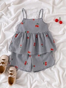 SHEIN Vintaside Kids Conjunto de 2 piezas de camisola y pantalones cortos con estampado de cereza a cuadros en negro y blanco para niña, transpirable y cómodo para el verano