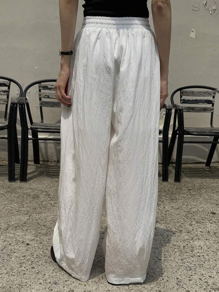 Women's Loose Drawstring Elastic Waist Wide Leg White Pants, Solid Color, Casual, Autumn