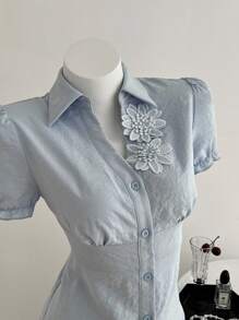 SHEIN Unity Women's Casual Shirt With Embroidered V-Neck - Blue - View 5