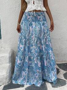 SHEIN Tall Women's Bohemian Printed Long Skirt, Casual Vacation & Everyday Wear, Spring/Summer - Blue - View 6