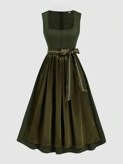 Fairmaia German Traditional Vintage Sleeveless Women Dress Traditional Dirndl Dress With Square Neck, Floral Print, And Apron, For Oktober