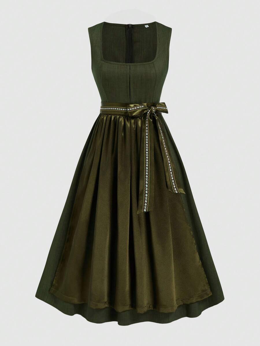 Fairmaia German Traditional Vintage Sleeveless Women Dress Traditional Dirndl Dress With Square Neck, Floral Print, And Apron, For Oktober