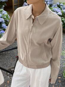 DAZY Women's Plain Zip-Up Long Sleeve Regular Jacket, Spring/Summer Women Coats - Khaki - View 6