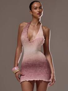 MUSERA Knit Plunge Halterneck Lettuce Hem Ombre Knit Fitted Low Back Mini Sweater Dress Ibiza Sexy Vacation Holiday Spring Summer Festival Beachwear Elegant Birthday Rave Night Out Party Evening Party Elegant Christmas