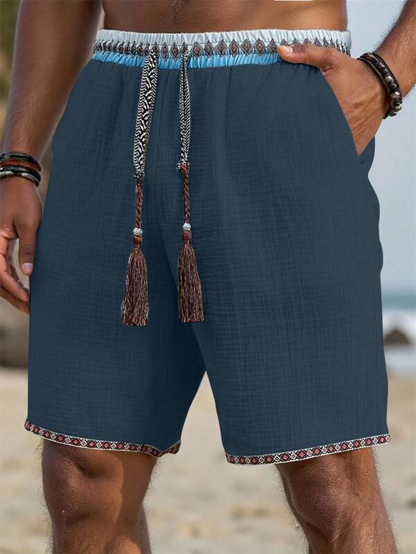 Manfinity Nomadique Men's Casual Everyday Beach Vacation Wear, Classic Bohemian Style Casual Shorts, Made Of Imitation Linen Textured Fabric And Pattern Webbing, These Shorts Come With An Elastic Waistband, Perfect For Hawaiian Beach Vacations, Music Festivals And Daily Wear, And Also A Great Gift For Your Boyfriend Or Husband. Men's Casual Holiday Drawstring Tassel Waist Shorts, Men's Summer Wear, Men's Shorts, Summer Men Summer Short Set Men Casual Short Set Men Drawstring Shorts Men Vacation Short Sets Men Beach