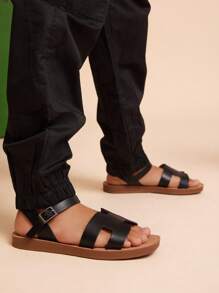 Mini mi Luxury-Inspired Kids' Buckle Strap Harness Cut Out Square Toe Vegan Leather Black Sandals – Quick-Dry Comfy Beach Shoes For Pool, Mall, Vacation