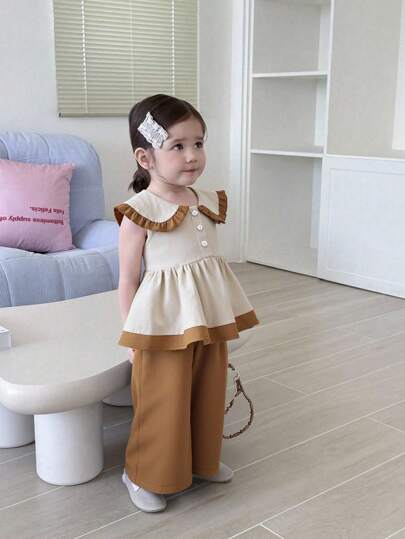 SHEIN Conjunto de 2 piezas para niña bebé/niña pequeña de 0 a 3 años, informal y diario, de algodón lavado, con camisa de manga sin mangas con gran cuello de Peter Pan y pantalón de pierna ancha