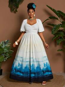 Maweii Plus Size Women Elegant Puff Sleeve V Neck Cinched Waist Party Dress - Multicolor - View 1