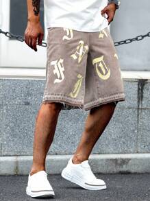 Manfinity EMRG Quần short denim ống rộng in chữ giản dị mùa hè dành cho nam - Cà phê nâu - Xem 6