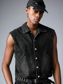 ROMWE MEN Street Life 男士单排扣翻领休闲牛仔背心 - 淺灰色 - 查看 1