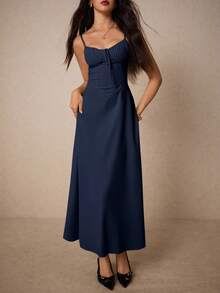 Poéselle Váy suông buộc nơ phía trước thanh lịch màu trơn cho nữ, mùa hè - Màu xanh hải quân - Xem 5