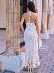 Andrea Bello 优雅水溶性蕾丝性感深 V 露背修身超长礼服，适合舞会、鸡尾酒会、婚礼 - 白色 - 查看 6