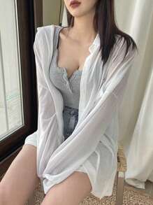 DAZY Camisa larga de mujer con hombros caídos y mangas largas, estilo preppy y transparente