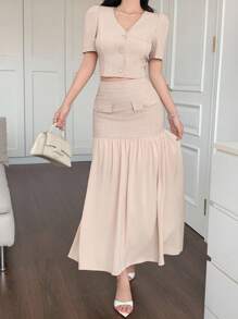 DAZY Women's Summer Solid Color Single-Breasted Puff Sleeve Shirt And Skirt 2 Pieces Elegant Set - Apricot - View 4