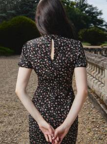 lacRébo Black Floral Print Vintage Style Fitted Woven Dress With High Neck Homecoming Dress Office Outfits For Women Black Floral Dress French Style Dress Autumn Dress - Multicolor - View 6