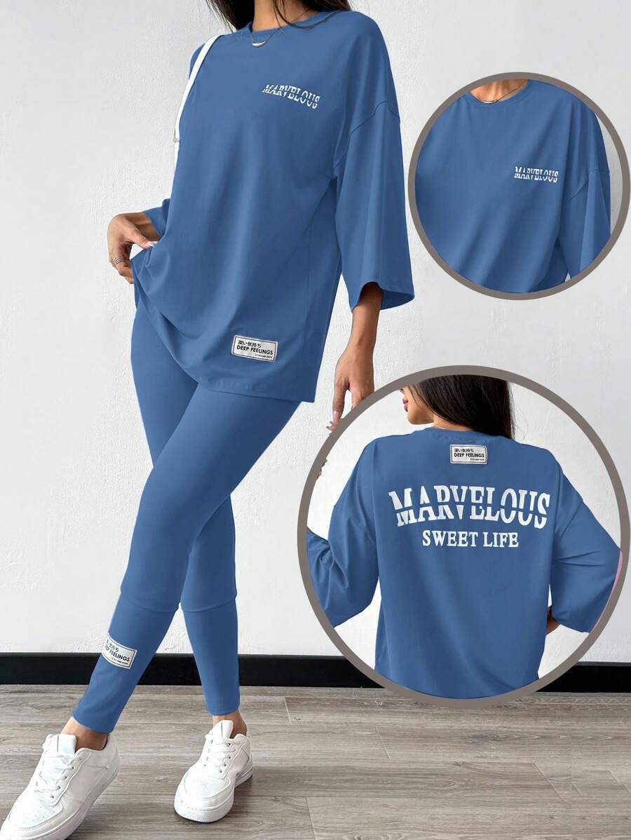 Mulvari Bộ 2 áo thun in chữ trễ vai và quần legging thường ngày cho nữ - Màu xanh lam - Xem 1