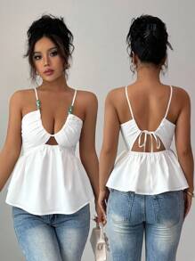 Rafferiza 女士夏季性感深 V 形串珠装饰吊带背心 - 白色 - 查看 7