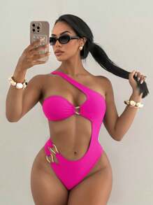 Swim SXY Đồ bơi một mảnh hở vai màu trơn trang trí vàng cho nữ, thích hợp cho kỳ nghỉ hè - Hồng - Xem 1