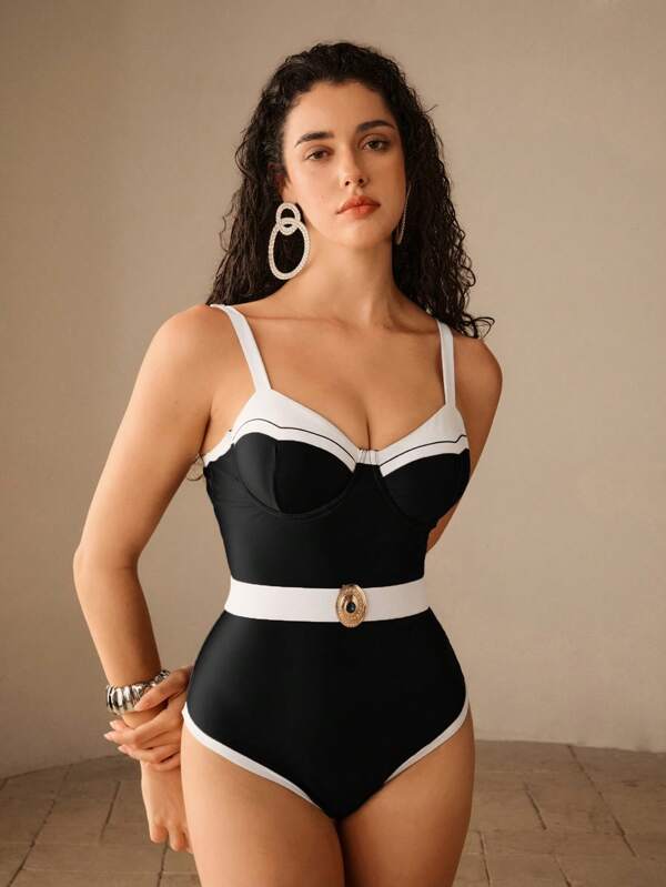 Anewsta 25SS Fashion Elegant Mature High-End Black & White Contrast Color Underwire Support Scoop Neck One-Piece Swimsuit, Slimming For Summer Beach Vacation