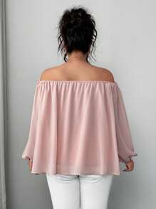 Elenzga 大码女式露肩褶皱优雅浪漫3D花卉雪纺透明夏季衬衫 - 粉色 - 查看 2