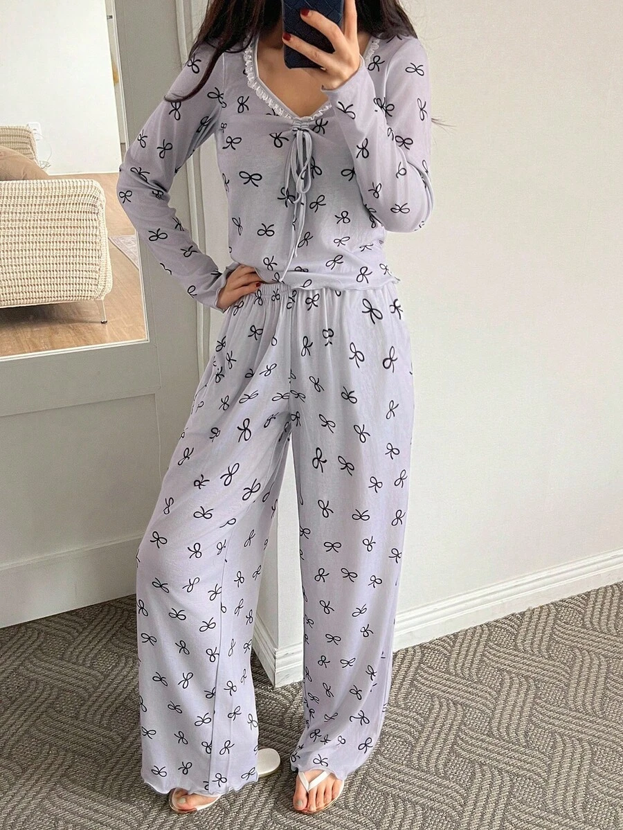 DAZY Sweet Lace Patchwork Bow Print Ruffled Wave Hem Pajama Set Fall Winter Clothes - Dusty Purple - View 1