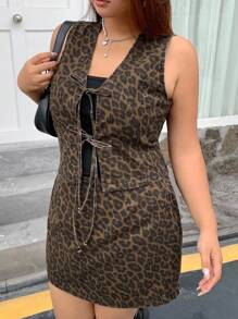 Dazy Plus Bộ đồ 2 món gợi cảm với áo crop top không tay buộc dây họa tiết da báo và chân váy denim bó sát mini - màu nâu - Xem 4