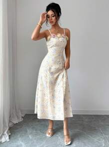 Rafferiza Váy suông họa tiết hoa 3D thanh lịch cho nữ mùa hè - Màu vàng - Xem 3