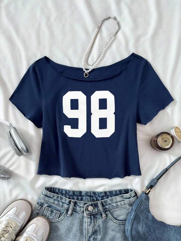 Tween Girl Casual Royal Blue Knitted Slogan Off-Shoulder Printed Short Short-Sleeved Fitted Top, Spring And Summer, Cool, Basic, Daily, Versatile, Sports Fashion Summer Tops, Back To School Season, School Uniforms Girls Royal Blue Crop Tops
