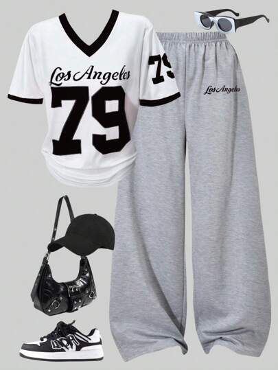 SHEIN 2pcs/Set Fashion Casual Numeric Print V-Neck Short Sleeve Loose Pants Outfit For Teenage Girls Los Angeles Outfit Baggy Outfits Summer Holiday